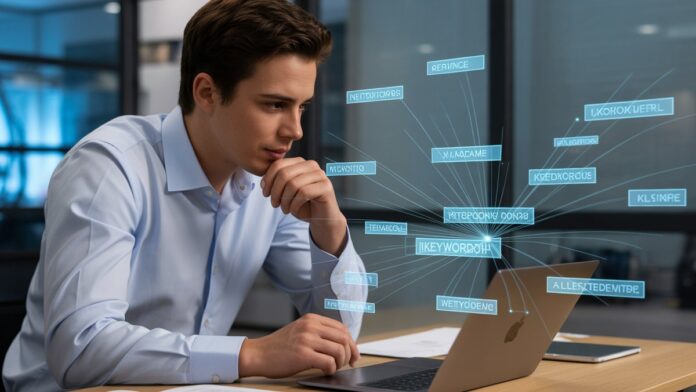 A young professional gaining insight, intently focused on a laptop screen displaying a dynamic network of interconnected digital keyword streams, realistic photo, modern office setting.