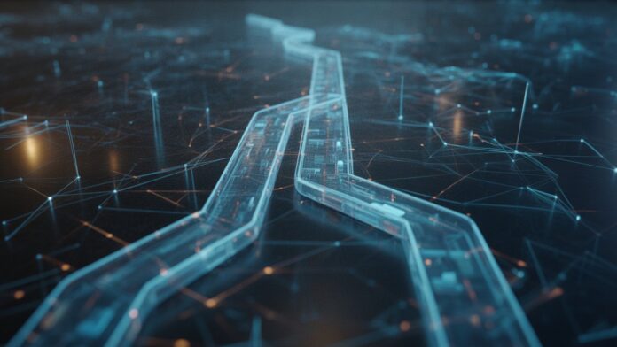 Photorealistic, high-tech digital data streams intricately ascending and descending through a complex, glowing network of interconnected nodes, illustrating website ranking algorithms.
