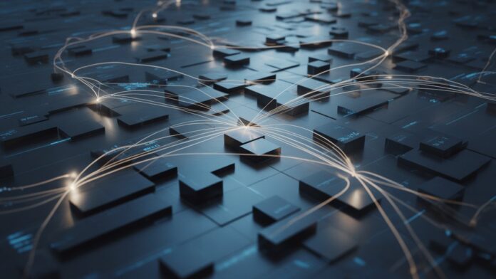 Realistic aerial view of a vast, intricate digital network, luminous pathways connecting various data nodes, symbolizing optimized internal linking structure and user navigation.