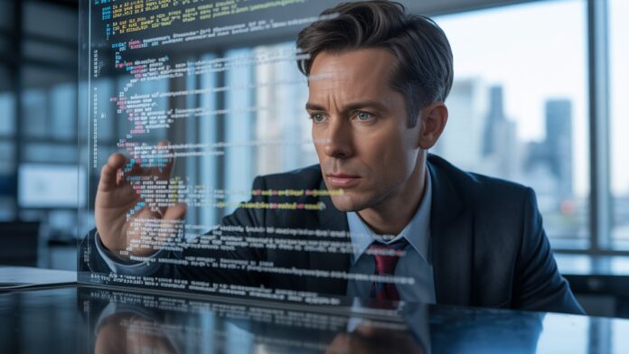 Realistic photo of a professional meticulously auditing structured data code on a sleek digital screen, displaying prominent rich snippets.