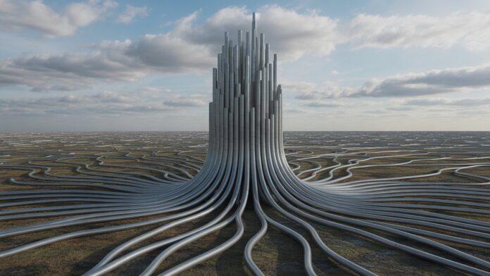 Realistic image of numerous sturdy digital tendrils extending from a vast online landscape, firmly supporting a prominent, growing digital tower, symbolizing SEO authority.