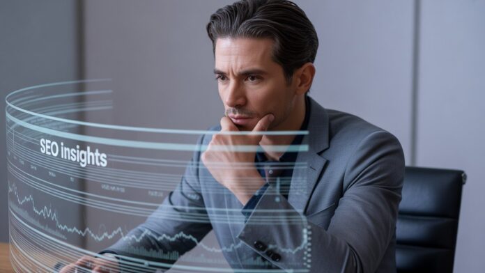 Realistic, focused digital marketer analyzing holographic growth charts and data streams on a sleek display, conveying deep SEO insights.