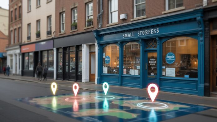 Realistic photo of a vibrant, inviting small business storefront, with ethereal glowing map pins subtly connecting it to a blurred digital map interface.