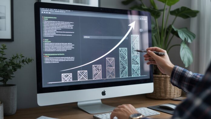 Realistic detailed shot: a computer screen displaying intricate website content and structural elements, with hands meticulously optimizing them, showing rising SEO progress.