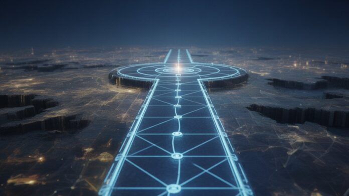A realistic, high-angle shot of a glowing digital roadmap unfolding over a vast, interconnected internet landscape, leading to a prominent, illuminated central point.
