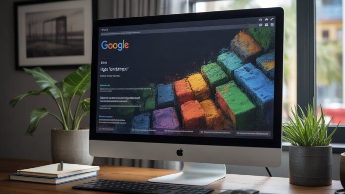 Realistic eye-level shot of a desktop monitor displaying a dynamic Google SERP. Vivid, glowing abstract blocks represent diverse content types and rich features, implying information flow.
