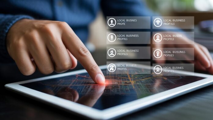 Realistic, high-angle close-up of a hand interacting with a tablet displaying a city map filled with highlighted local business profiles and SEO audit data overlays.
