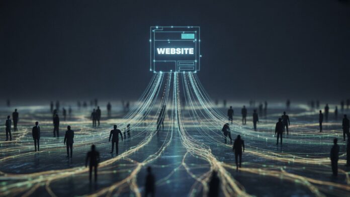 Realistic, intricate digital network of glowing data streams illuminating a prominent website node rising above a vast, complex internet landscape, connecting to subtle searching human silhouettes.