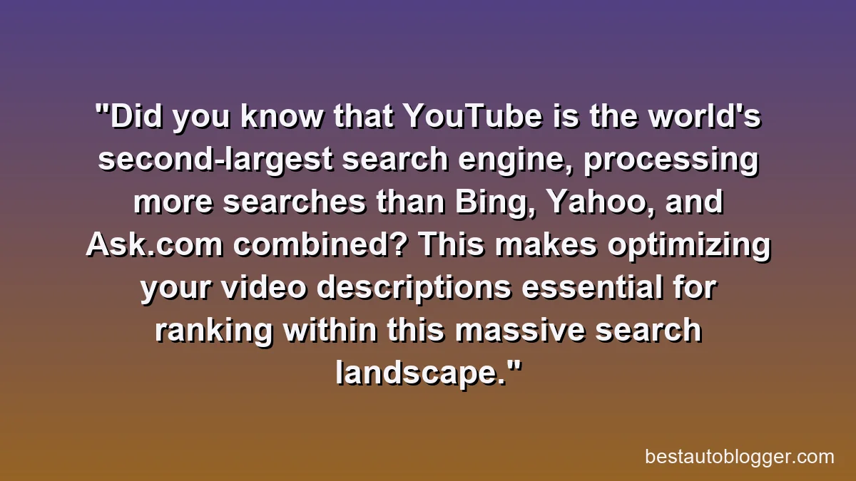 Did you know that YouTube is the world's second-largest search engine, processing more searches than Bing, Yahoo, and Ask.com combined? This makes optimizing your video descriptions essential for ranking within this massive search landscape.