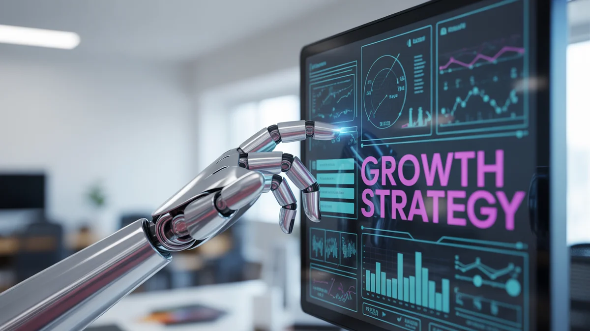 A robotic hand interacting with a vibrant digital marketing dashboard.
