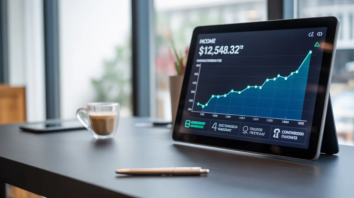 A digital dashboard showing affiliate marketing success and rising income.