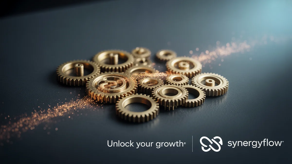 A content marketing engine with interconnected gears attracting new customers.