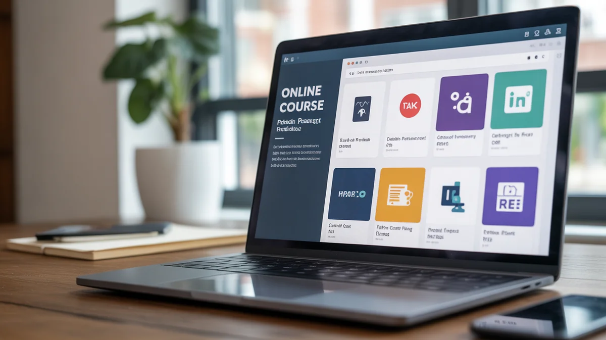 A laptop screen displaying an online course module and various digital product icons.