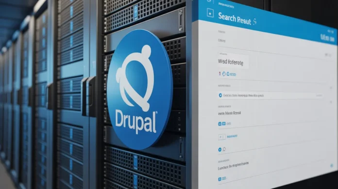 A server rack with the Drupal logo, positioned next to a search engine results page.