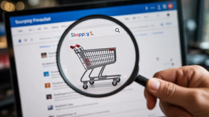 A magnifying glass highlights a shopping cart on a search engine results page.