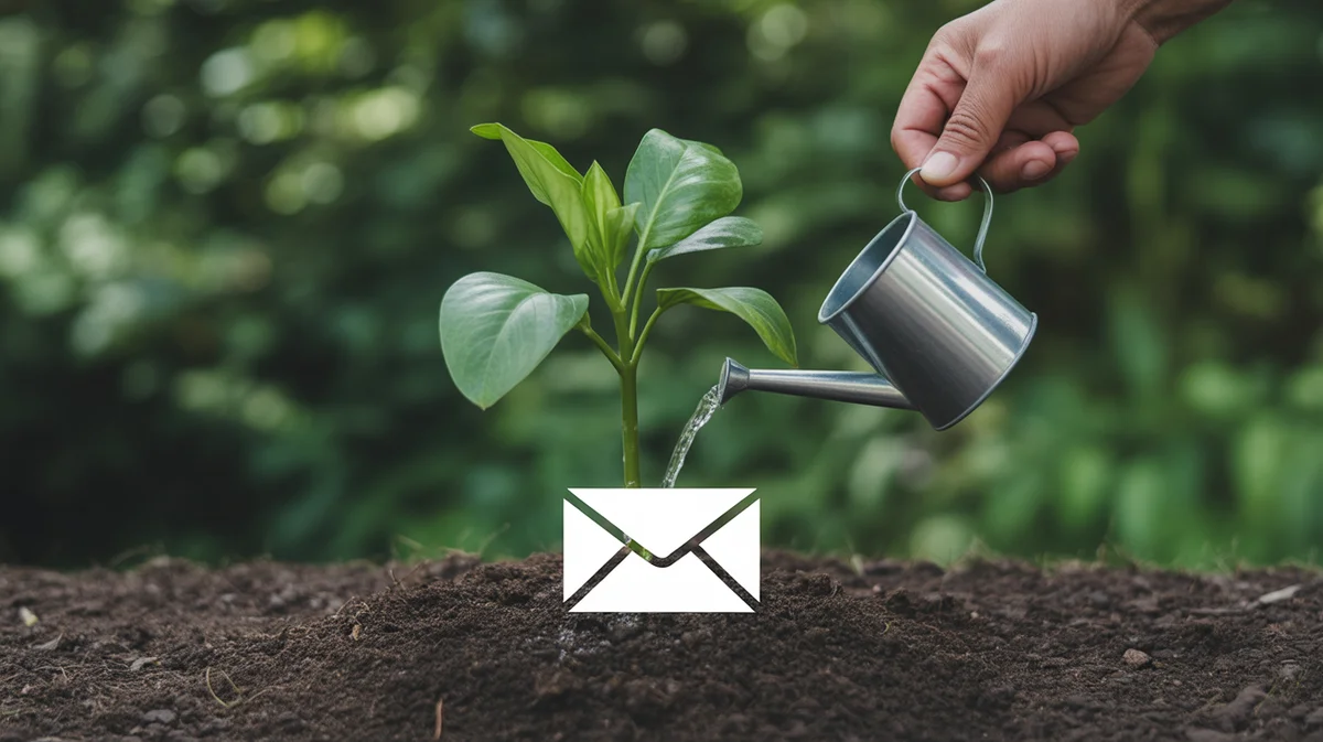 A hand watering a growing plant emerging from an email icon on a screen.