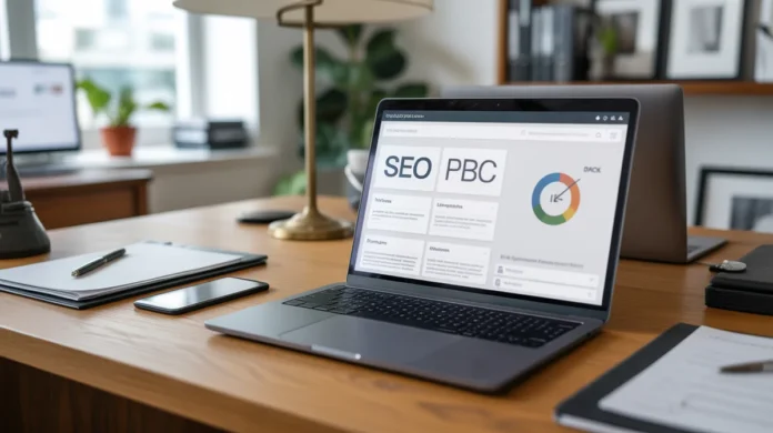 A modern law office desk with a laptop displaying SEO results, PPC ads, and automation insights.