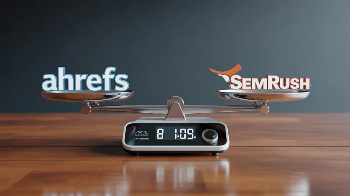 A digital balancing scale with Ahrefs and Semrush logos on opposing sides.