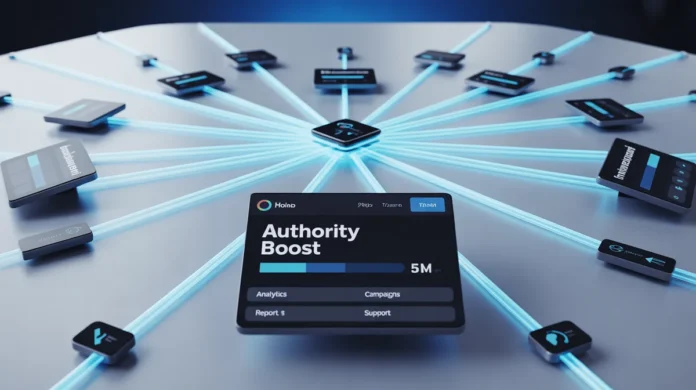 A network of glowing links boosting a central website's authority.