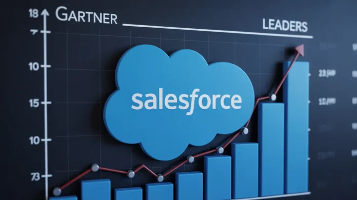 Salesforce's cloud logo prominently displayed within the 'Leaders' quadrant of a Gartner chart.
