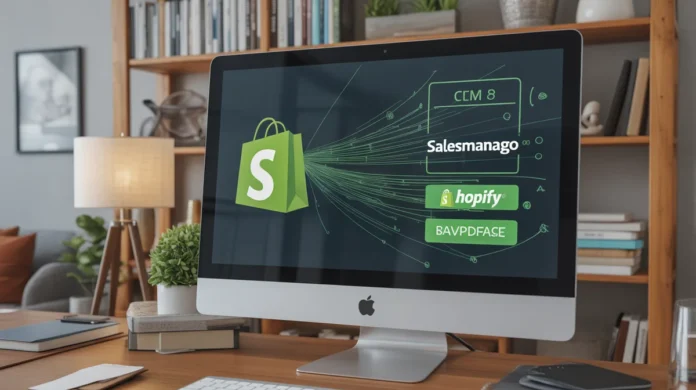 A screen displaying SalesManago CRM digitally connected to a Shopify store interface via data lines.