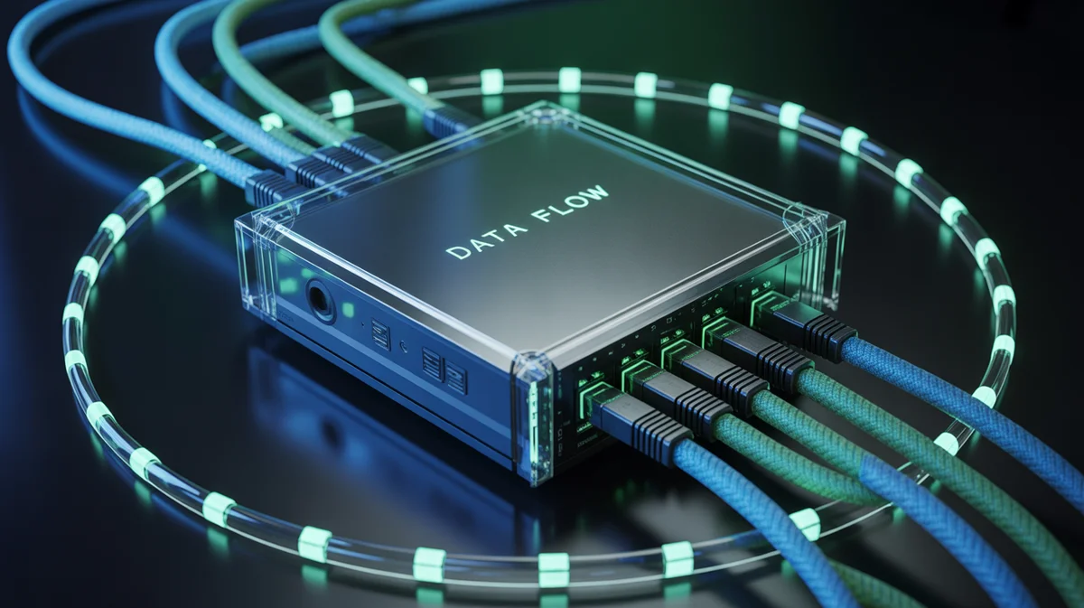 Lightning-fast data transfer cables connecting to a central web server.