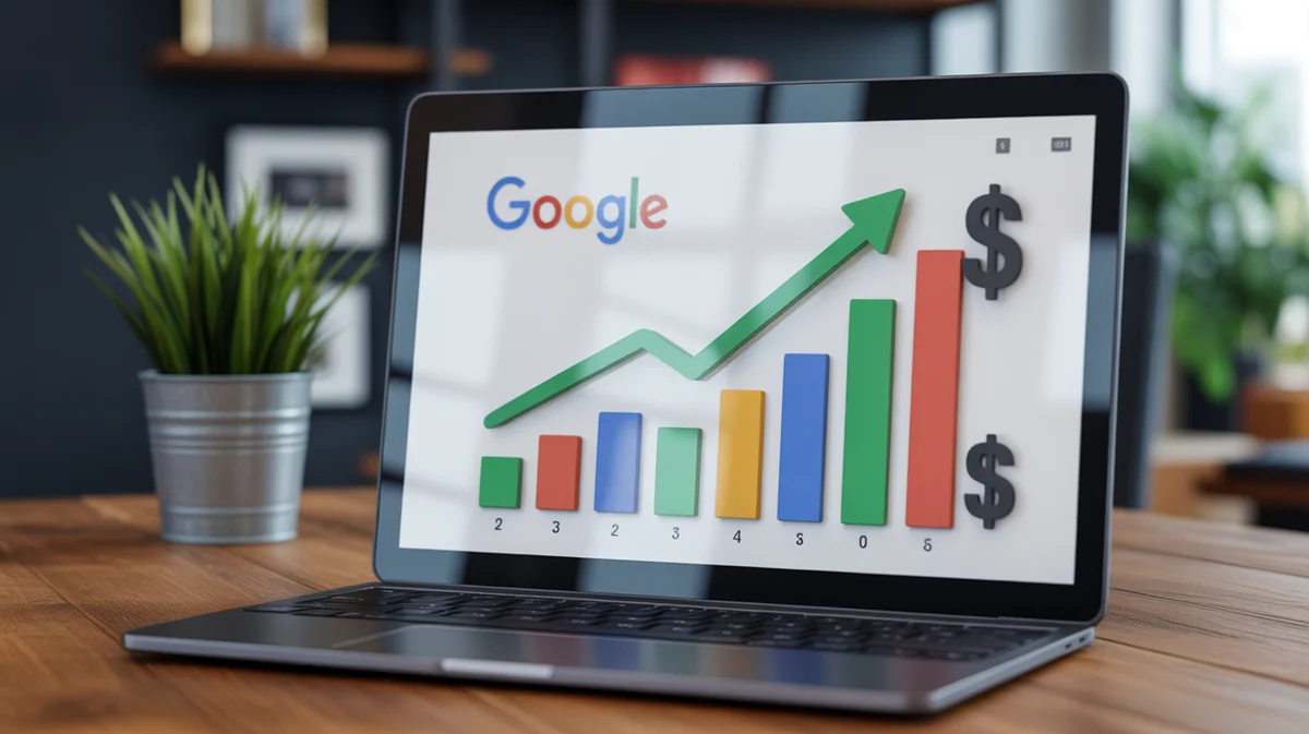A clean interface showing Google Ads statistics with a prominent upward trend line and dollar signs.