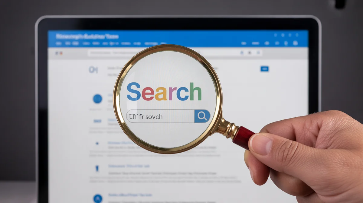 A magnifying glass highlights a website ranking at the top of search results.
