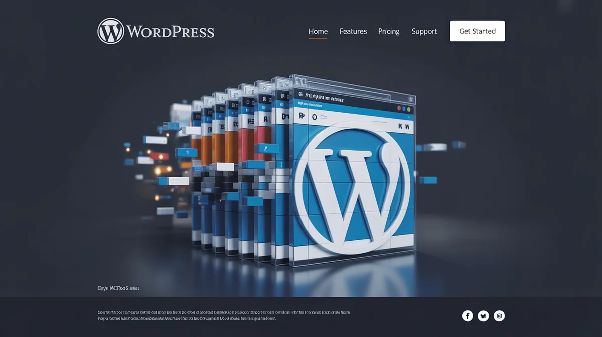 Digital blocks assembling into a professional website with the WordPress logo.