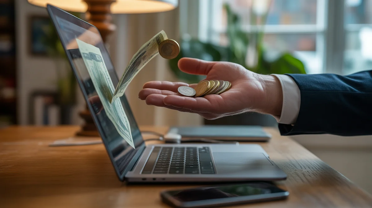 Coins and bills flowing from a laptop screen into a waiting hand.