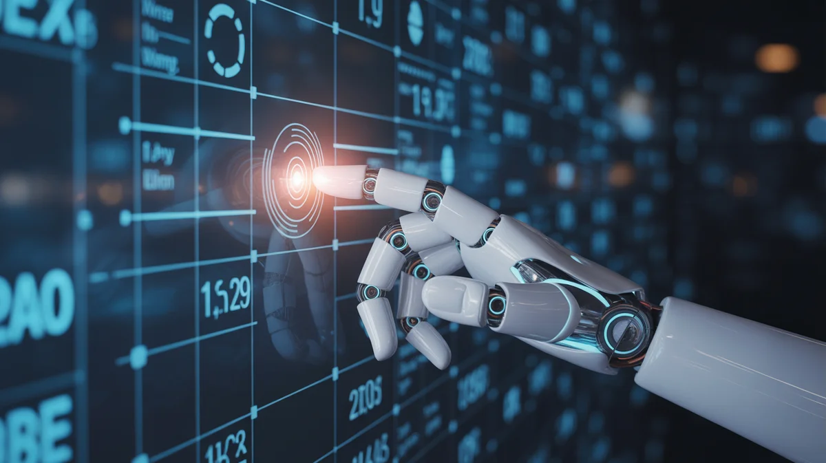 A robotic hand interacts with glowing digital marketing data on a screen.