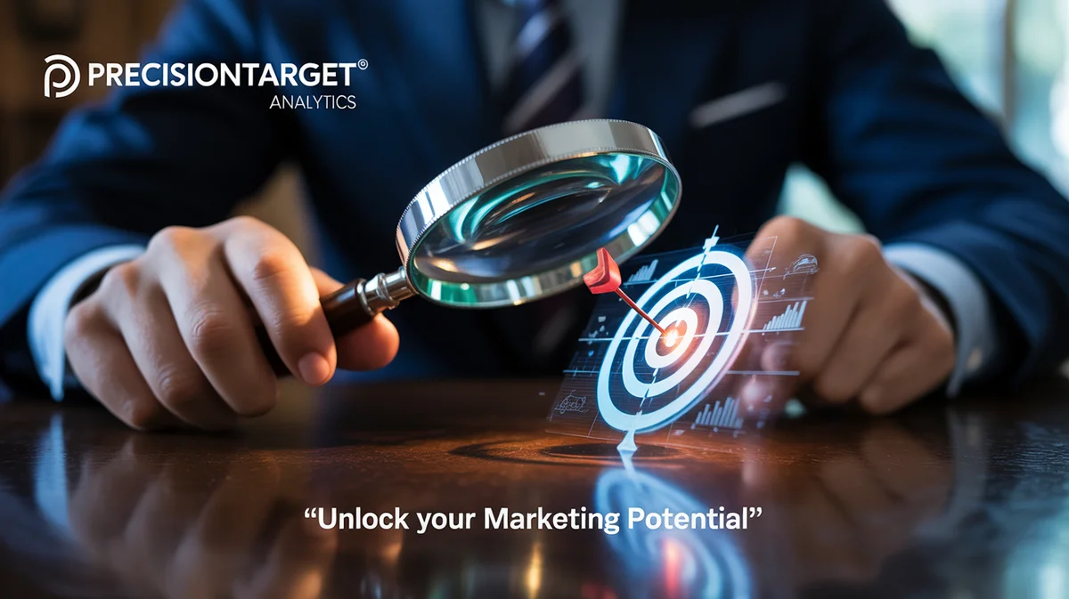 A magnifying glass focusing on a precise digital marketing target.