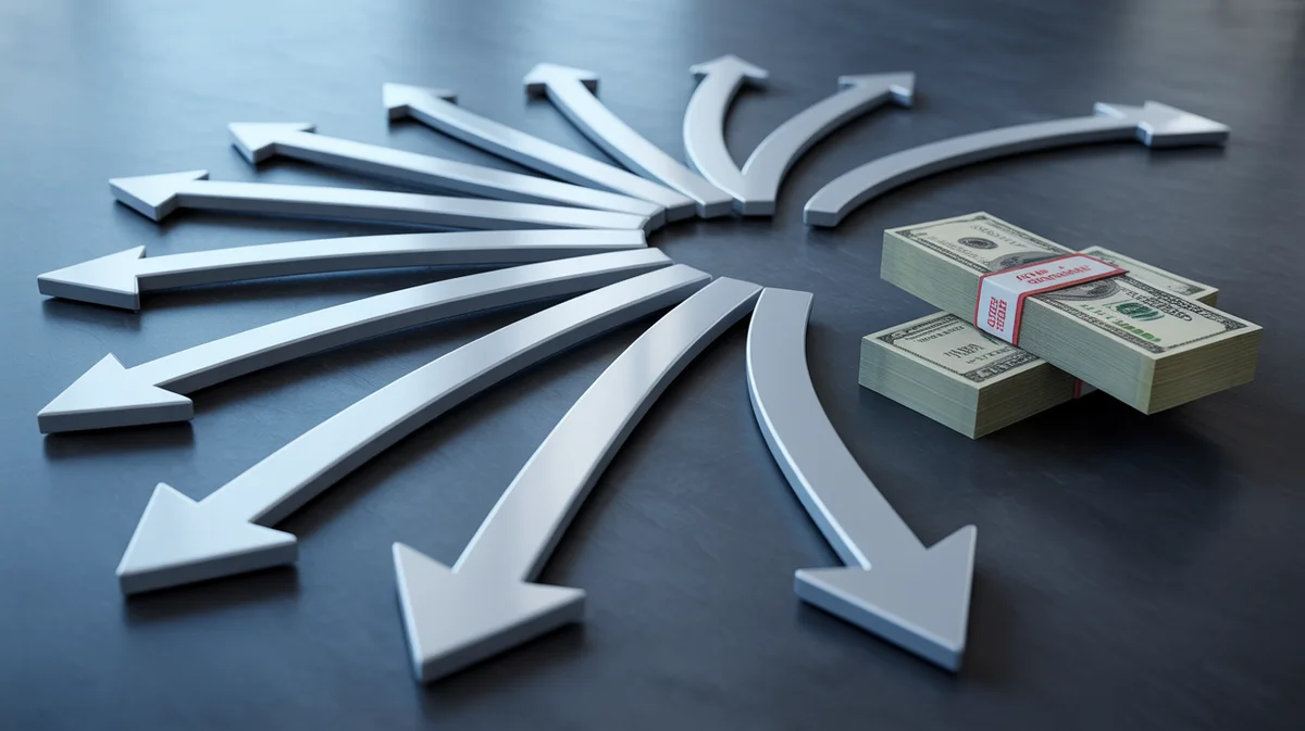 Digital arrows connecting a product, an affiliate, and a customer leading to currency.