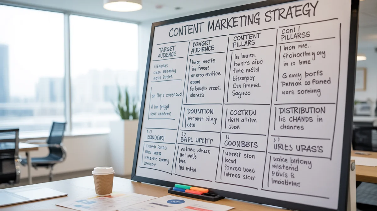 A detailed content marketing strategy drawn on a whiteboard.