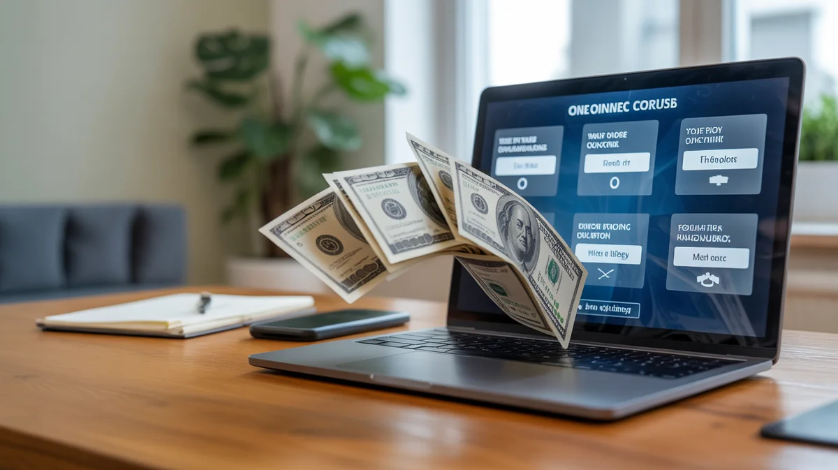Digital online course modules displayed on a laptop screen with money flowing.