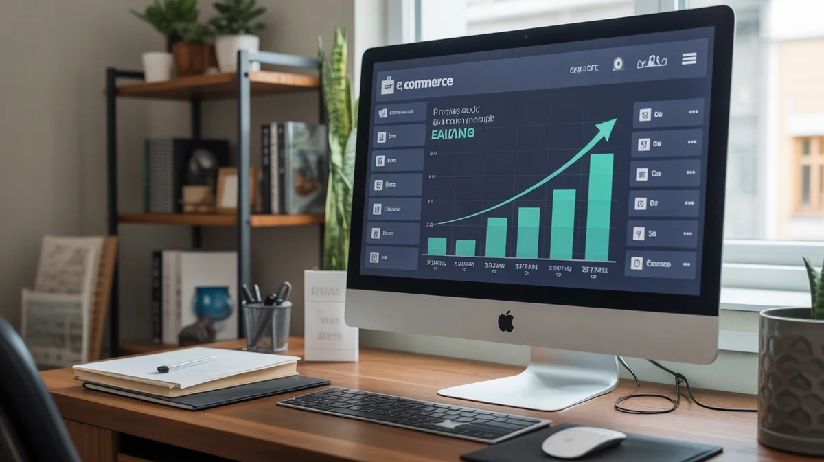A computer screen showing an e-commerce platform with products and a rising graph of affiliate earnings.
