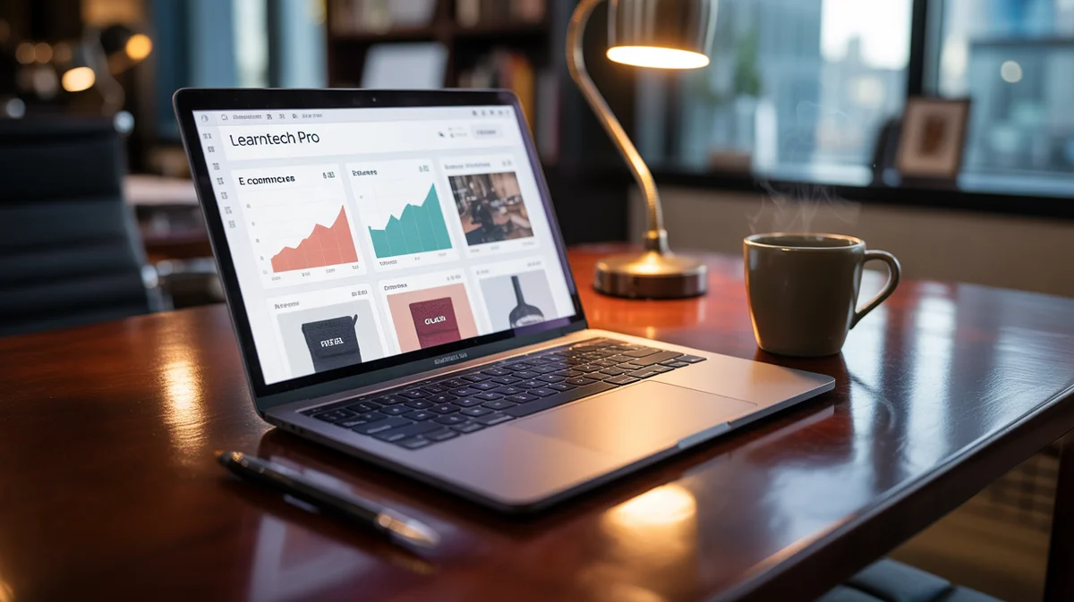 A laptop displaying an online course platform alongside e-commerce sales dashboards.