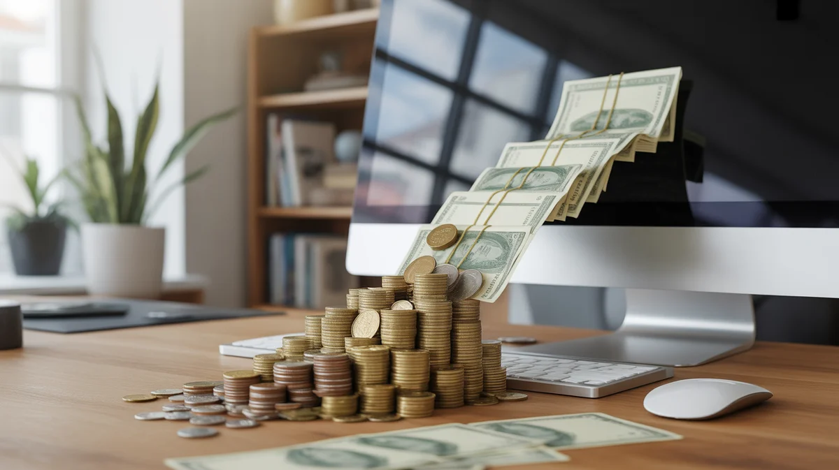 Coins and bills flowing from a computer monitor into a growing stack.