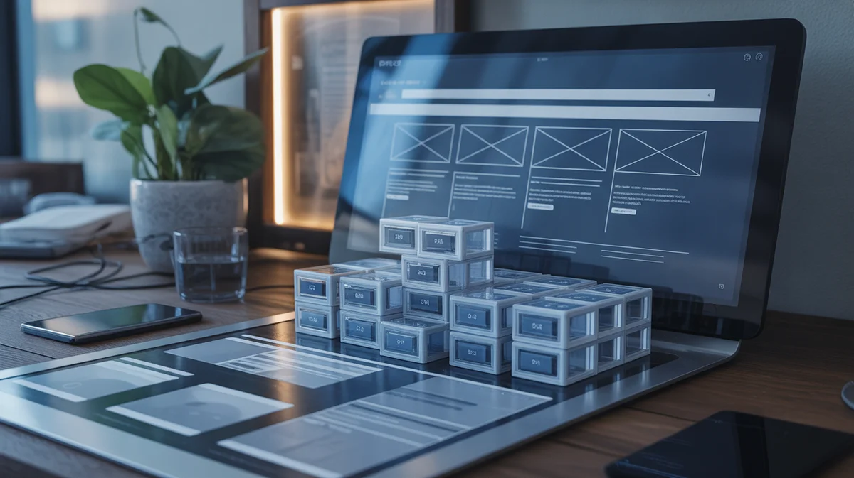 A website's digital interface being constructed with modular blocks on a computer screen.
