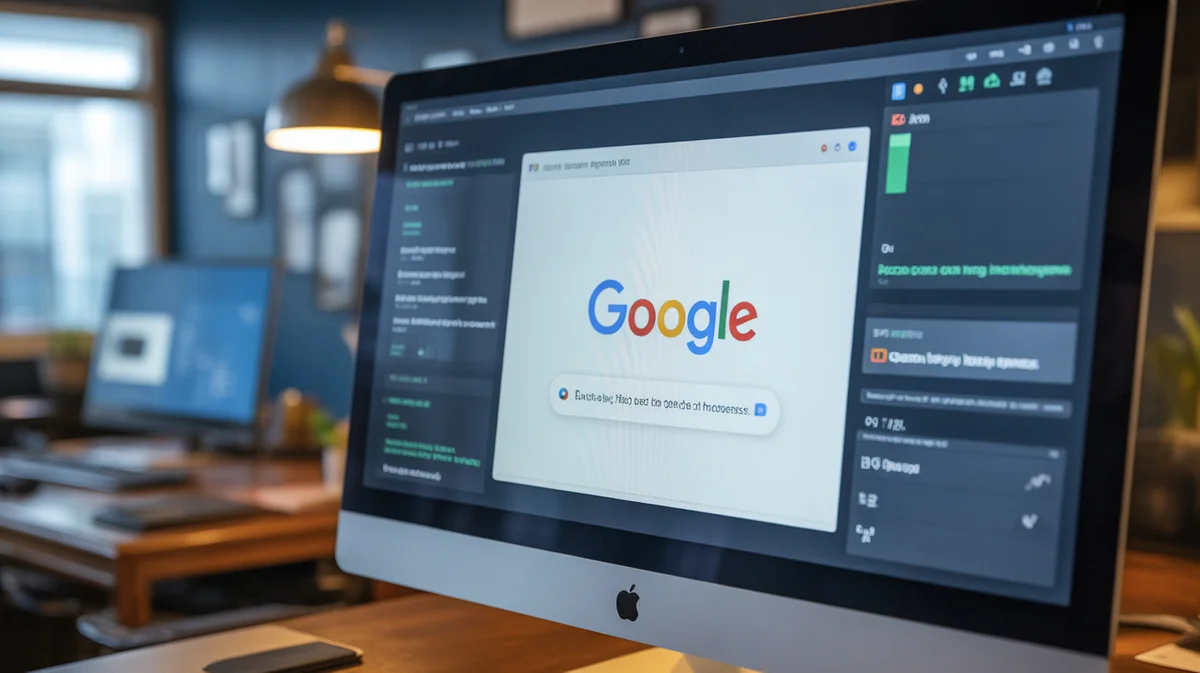 A computer screen displaying Google Ads, with data flowing into automated processes.