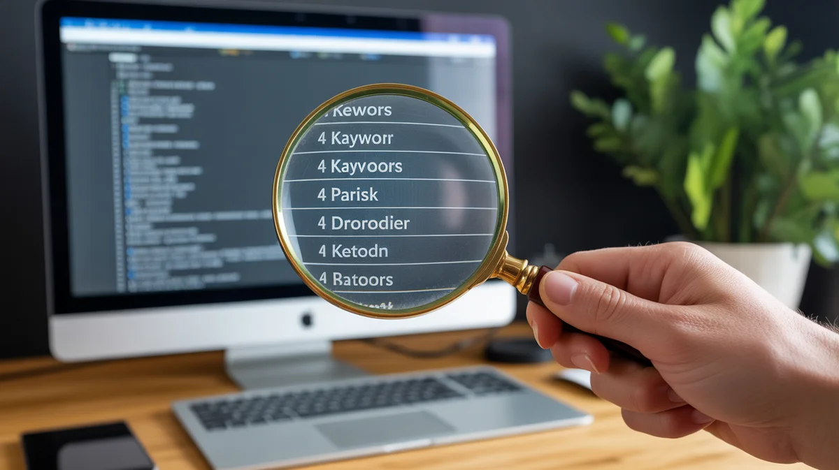 A magnifying glass hovering over a list of keywords on a computer screen.
