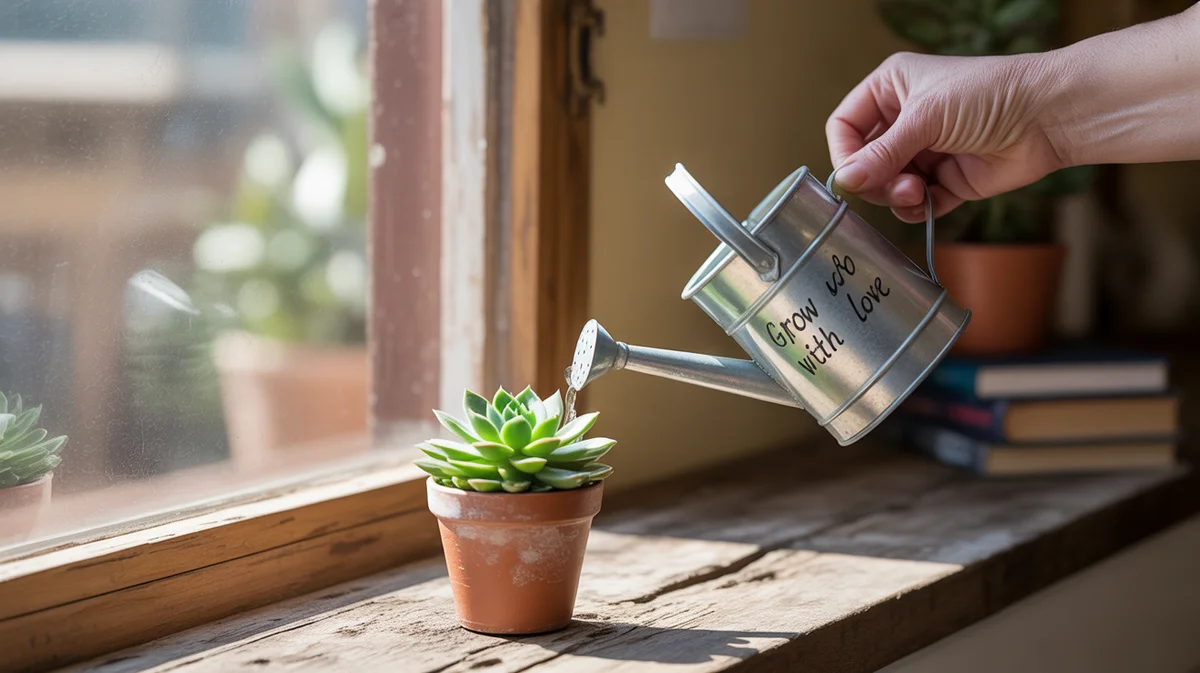 A hand watering a small plant, symbolizing lead nurturing.