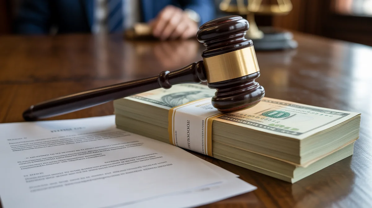A gavel resting on a stack of currency next to legal documents.