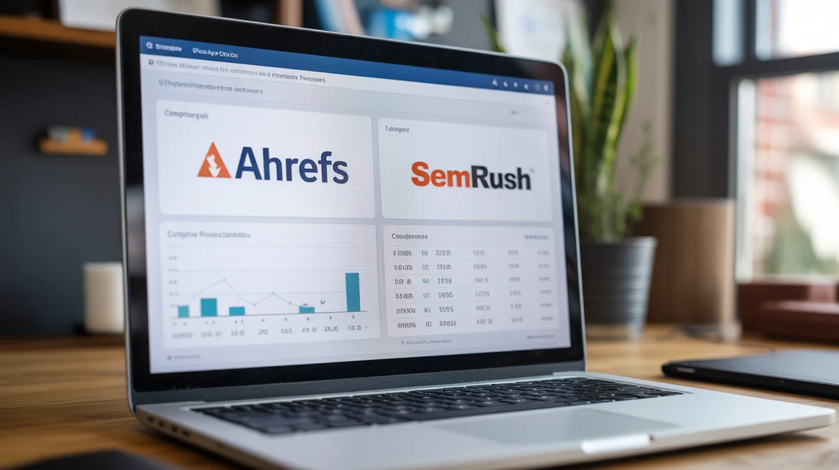 A digital marketing dashboard displaying Ahrefs and Semrush logos with competitive statistics.