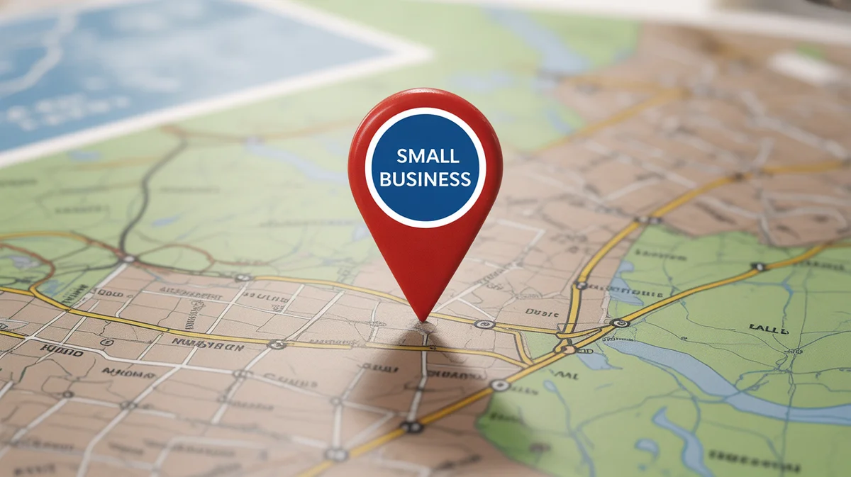 A pin marks a specific small business location on a detailed local map.