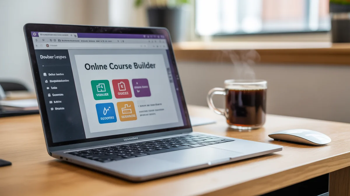 A laptop screen displaying an online course creation platform.