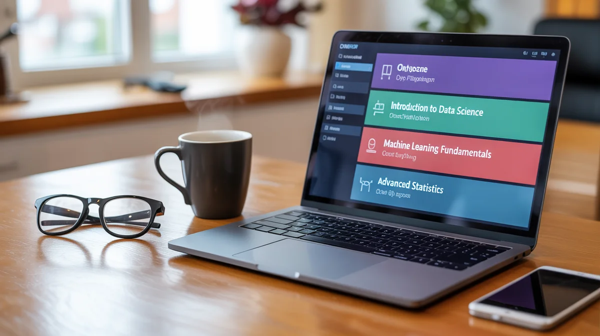 A laptop displaying an online course interface with various learning modules.