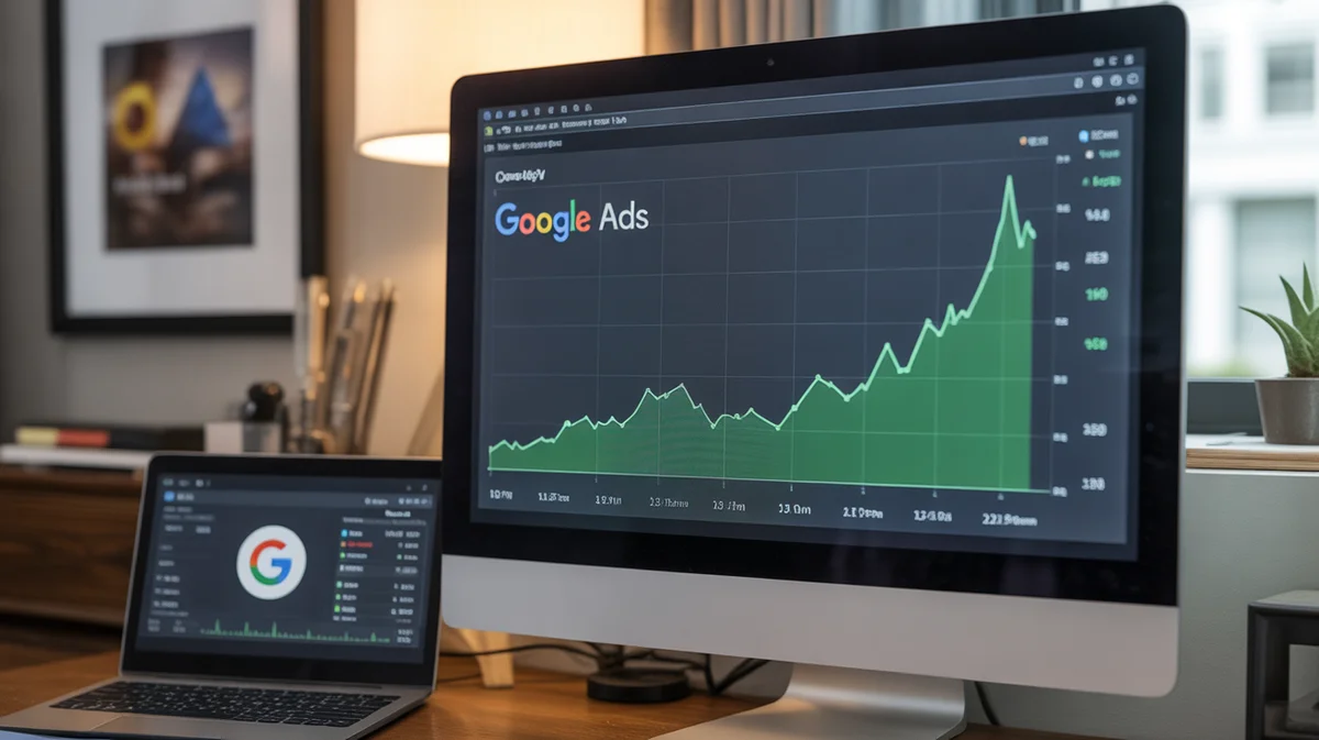 A computer screen displaying Google Ads metrics with a growing financial chart.