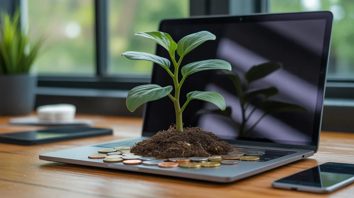 A small, thriving plant growing from a laptop screen, surrounded by coins.