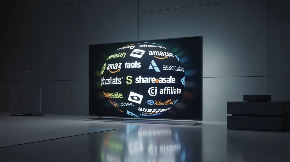 Various popular affiliate platform logos converging on a central digital screen.